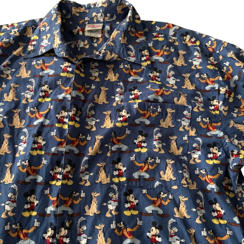 Vtg 90s Disney Store Mickey Donald Goofy Pluto AOP Button Down Shirt XL Fab 4